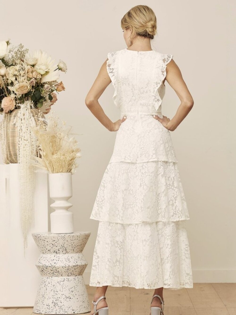 Lulus Molinetto White Lace Ruffled Tiered Sleeveless Maxi Dress​ NWT - Picture 4 of 12